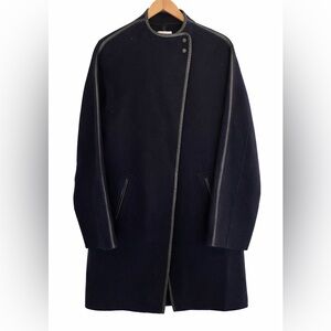 Vince Navy Blue Vince Coat with Open Front and Leather Trim size S.